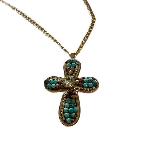 Turquoise Beaded Cross Pendant Necklace – Gold Tone - Picture 1 of 1